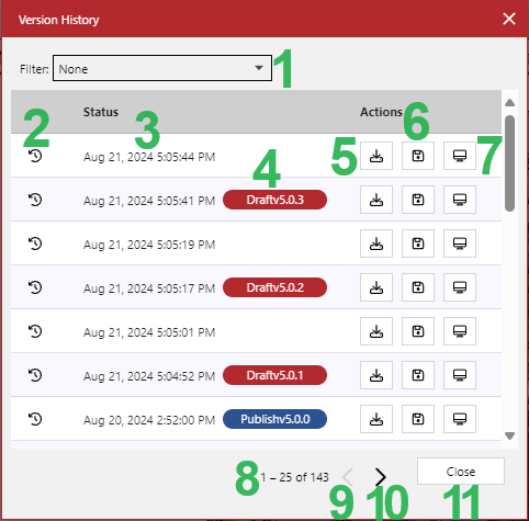 Version History Pop-up Dialog