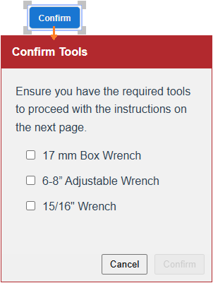 An action button gadget displays the confirmation dialog with custom content