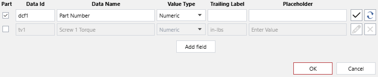 The active fields of an existing row of data capture field settings in the Data Capture Gadget Configuration pop-up dialog
