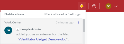 A bell notification on the Canvas Envision Portal about adding you to a document as a reviewer