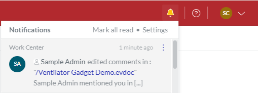 A bell notification on the Canvas Envision Portal about mentioning in a comment