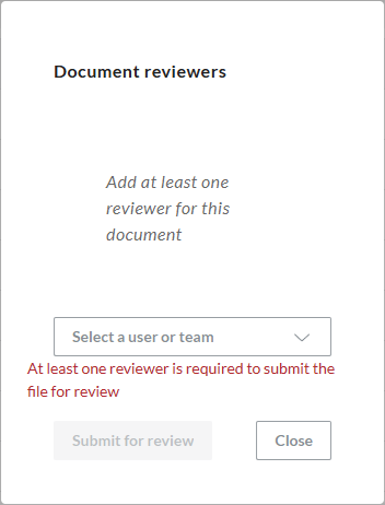 The blank Document reviewers pop-up Portal dialog to submit a draft for review