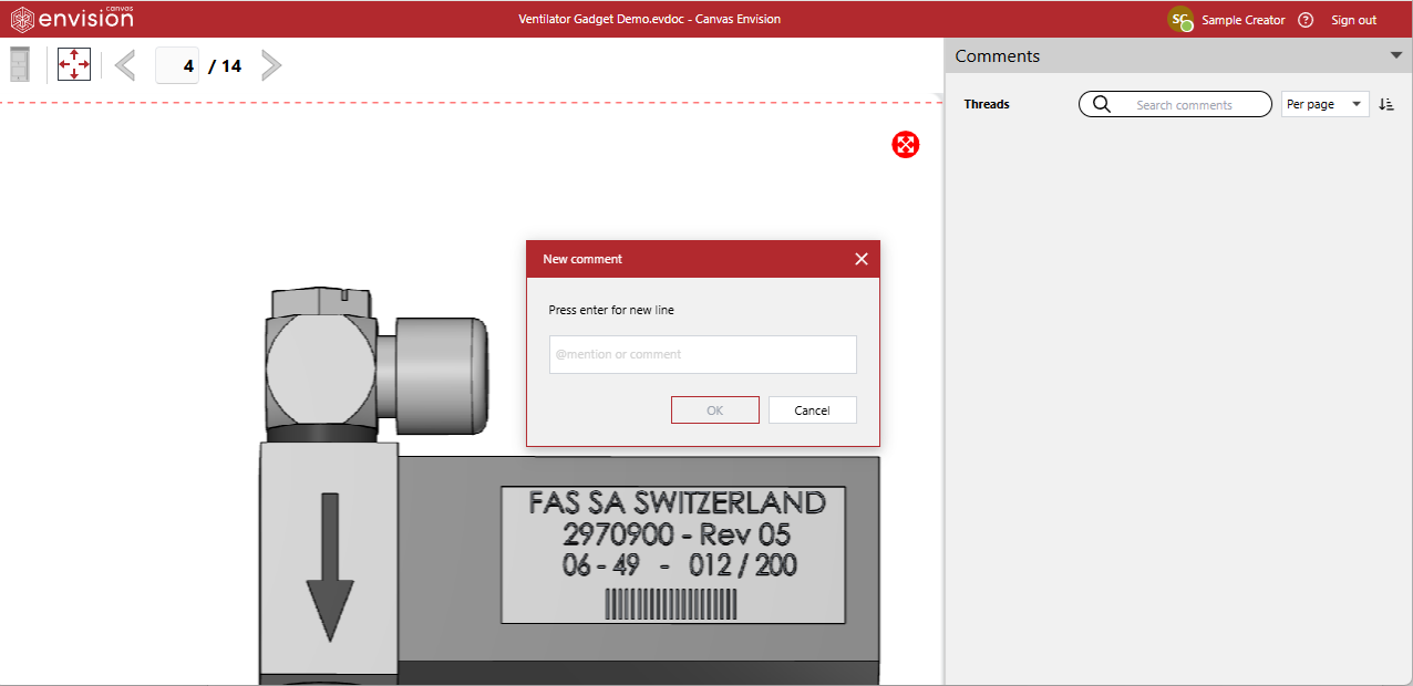 The blank New Comment pop-up dialog in the Canvas Envision Viewer in review mode with the Comments pane