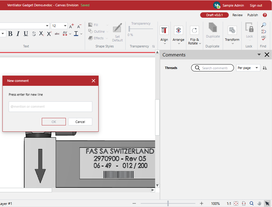 The blank New Comment pop-up dialog in the Canvas Envision Creator