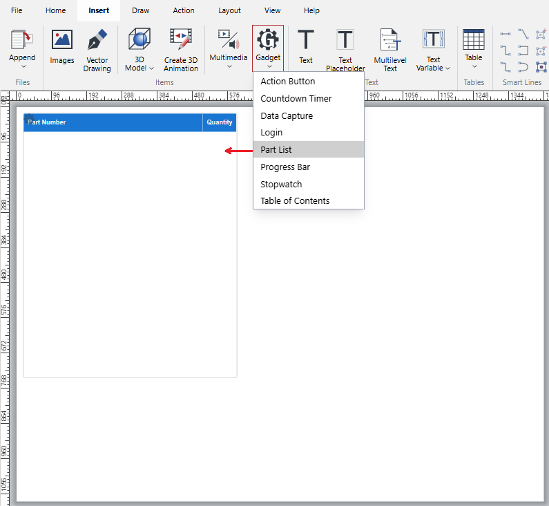 A blank part list gadget is inserted when no 3D model is on the page