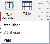The bottom part of the Text Variable split button is a menu of text variables