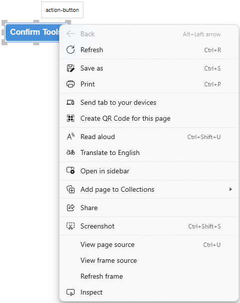 The browser context menu for a gadget in the gadget interactive viewing mode