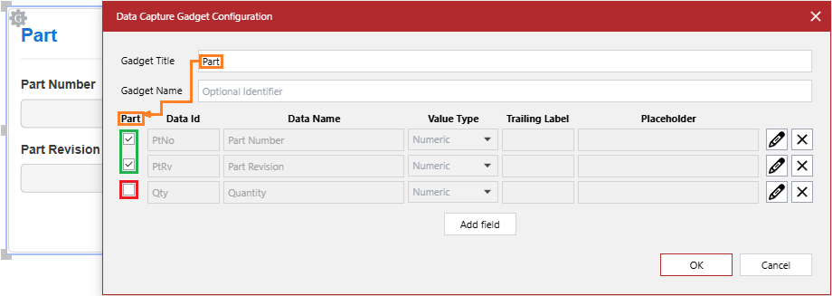 The checkboxes in the Data Capture Gadget Configuration pop-up dialog specify the fields included in the selected gadget