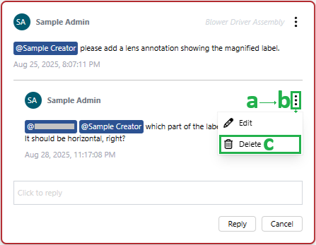 Clicking the Delete command from the comment thread reply menu