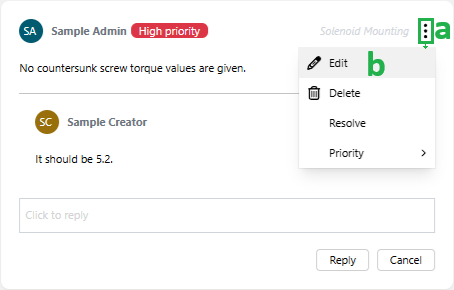 Clicking the Edit command from the comment thread menu