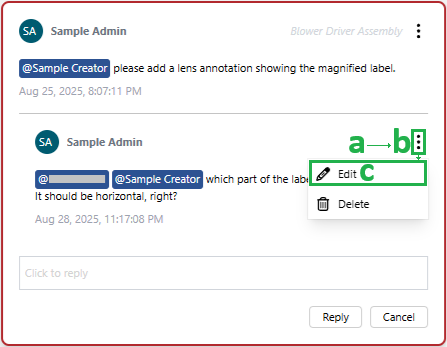 Clicking the Edit command from the comment thread reply menu