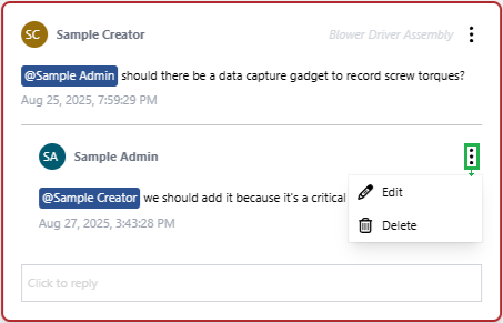 The commands of a comment thread reply available to the reply author