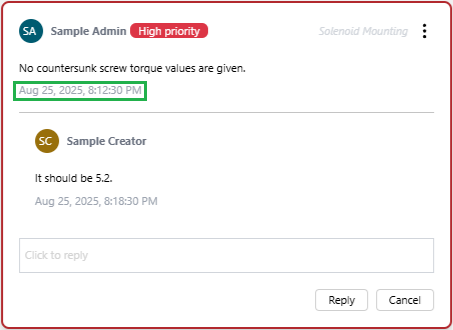 Comment thread creation date and time under the initial message