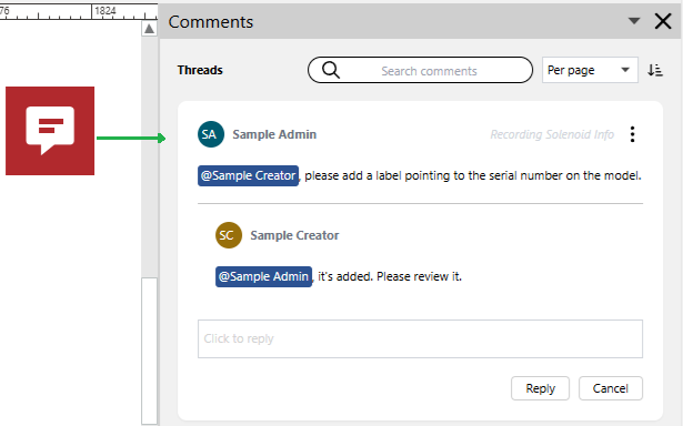 A comment thread icon opens the thread in the Comments pane