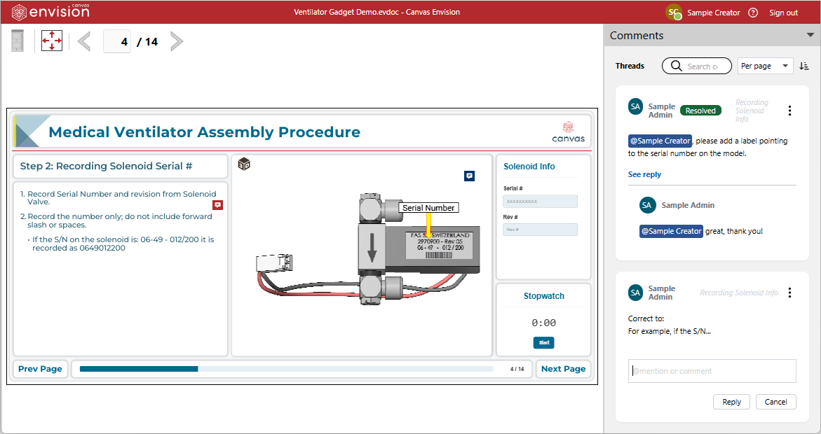 Comments in the Canvas Envision Creator in review-only mode