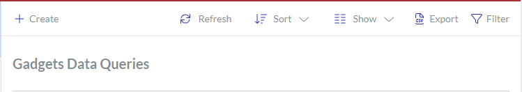 The content toolbar for the Gadgets Data Queries page