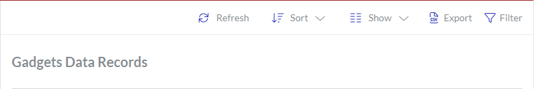 The content toolbar for the Gadgets Data Records page