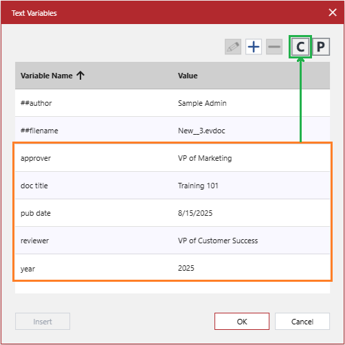 Copying custom text variables from the Text Variables pop-up dialog to the clipboard