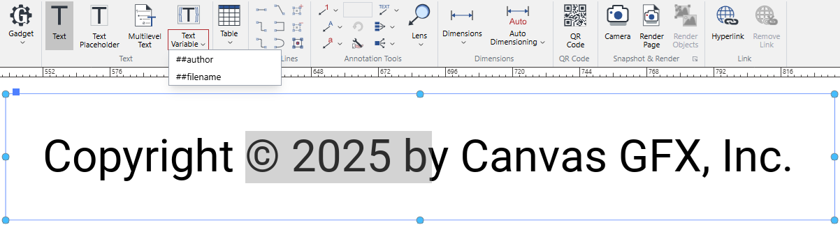 The deleted year text variable is absent on the Text Variable split button menu, and its value is converted to text in a text object