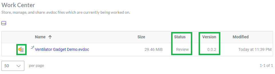A document with the Review Status and the 0.0.2 Version in the Portal Work Center