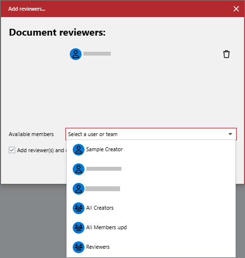 The drop-down list of users and teams available for review in the Add reviewer(s) pop-up dialog