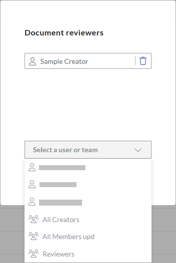 The drop-down list of users and teams available for review in the Add reviewer pop-up Portal dialog with 1 given reviewer