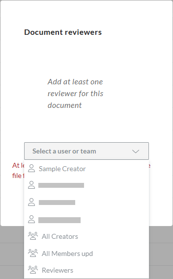 The drop-down list of users and teams available for review in the Add reviewer pop-up Portal dialog