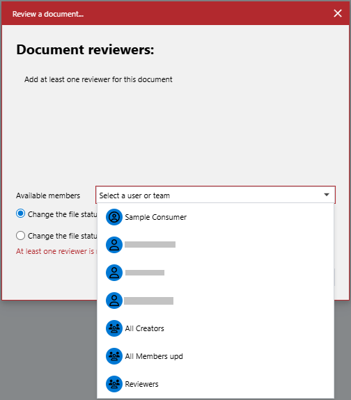 The drop-down list of users and teams available for review in the Review a document pop-up dialog