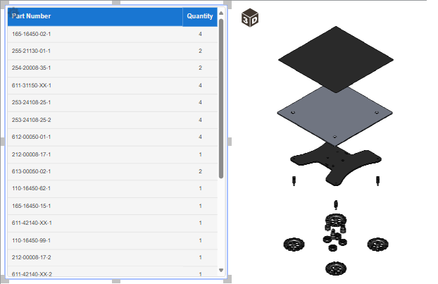 The edited 3D model and the populated part list gadget