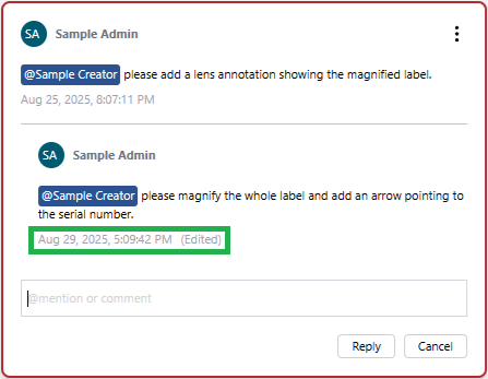 An edited comment thread reply with the date and time of the last edits under it