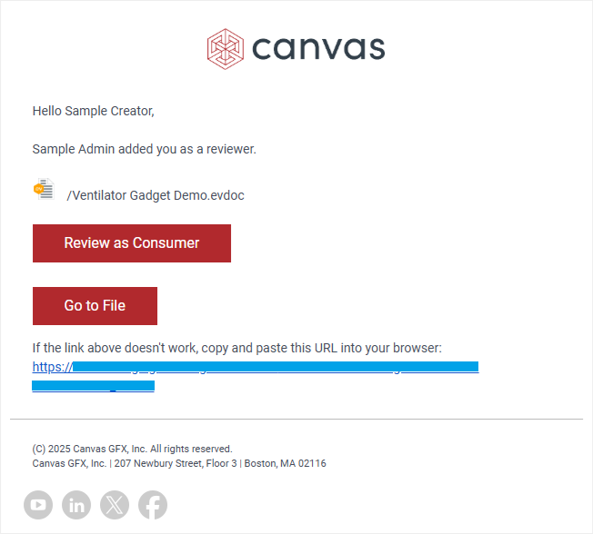 An email duplicate of a bell notification on the Canvas Envision Portal about adding you to a document as a reviewer