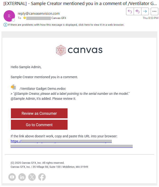 An email notification that someone mentioned you in a comment