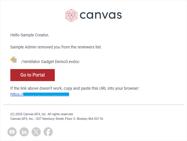 An email notification that someone removed you from the document reviewers list
