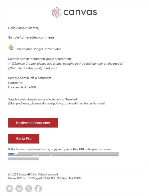 An email notification to a mentioned person on multiple comment events