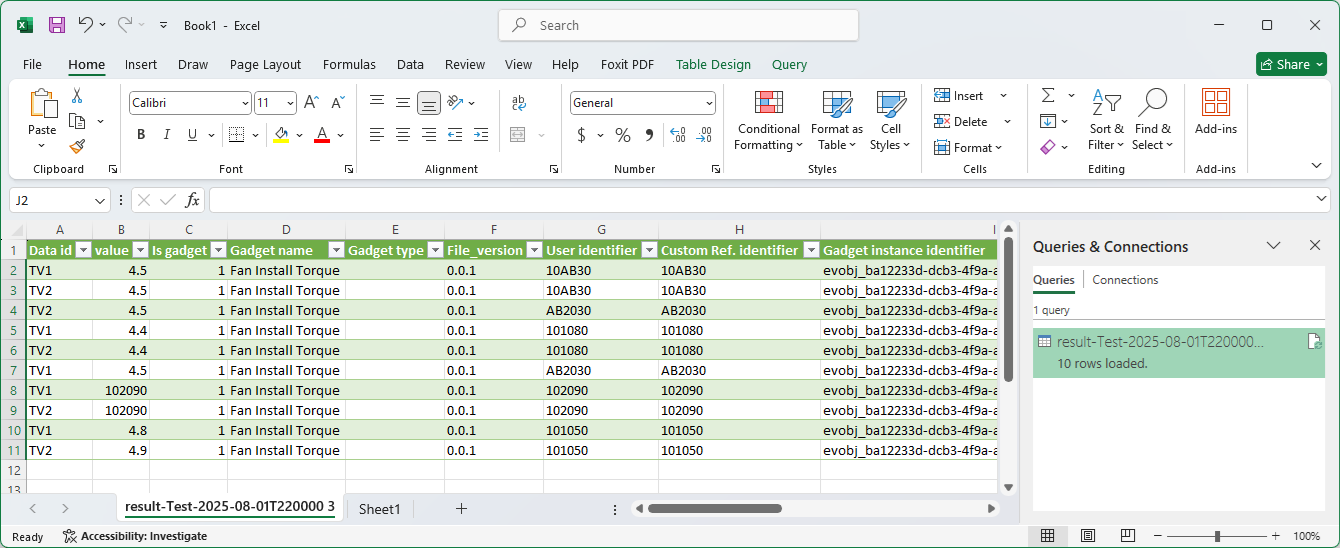 An emailed CSV file with gadget data records imported in the Microsoft Excel