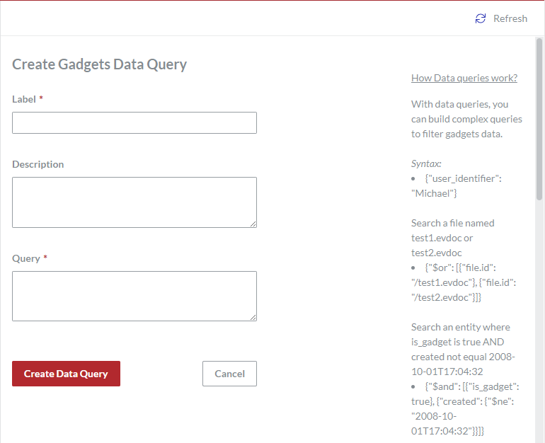 An empty Create Gadgets Data Query page