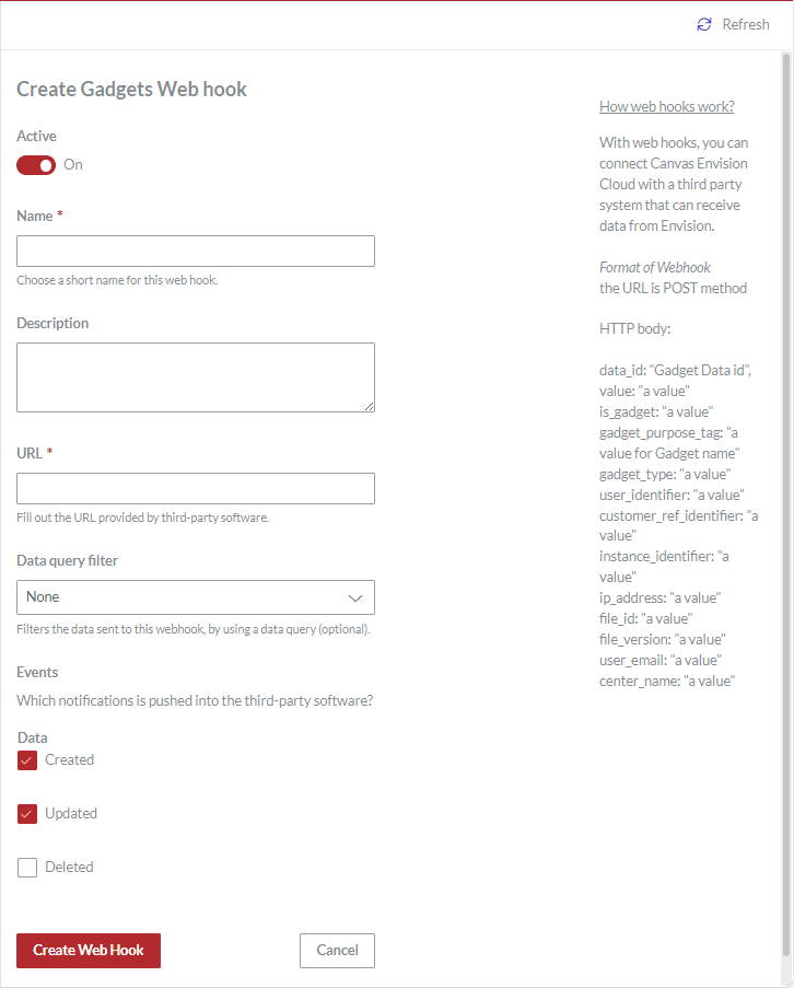 An empty Create Gadgets Web hook page