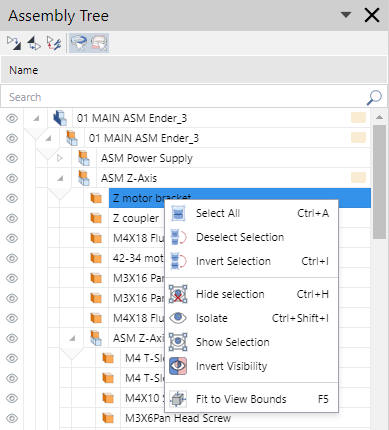 Full-screen 3D Viewer context-sensitive menu when one or more parts are selected in the Assembly Tree pane