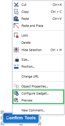 Gadget context-sensitive menu