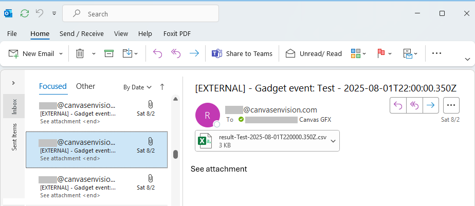 A gadget data email series email in the Microsoft Outlook