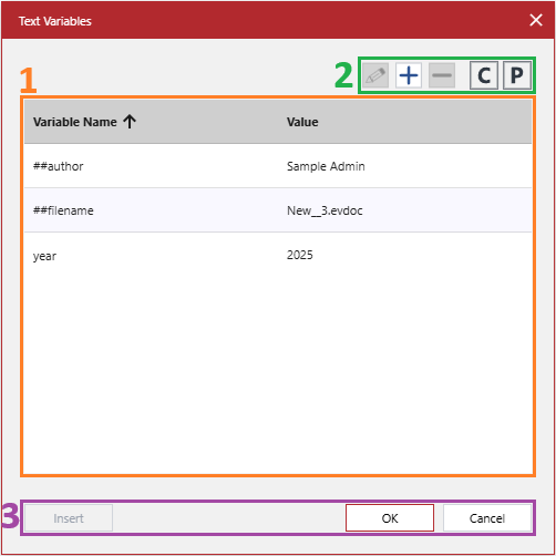 The groups of UI elements on the Text Variables pop-up dialog