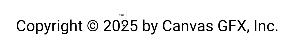 Hovering over the 2025 text variable value displays a tooltip with the year text variable name