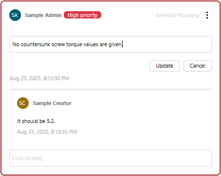 The initial comment thread message in an active text field with the Update and Cancel buttons under