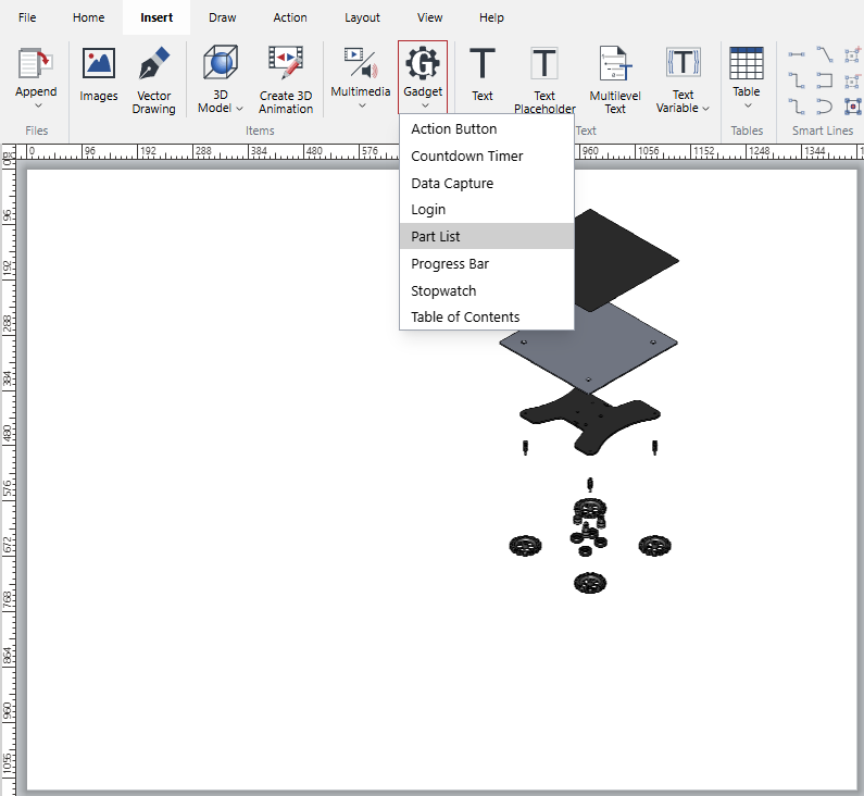 Inserting a part list gadget after the 3D model