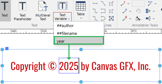 Inserting a text variable from the Text Variable split button menu into a currently edited text object