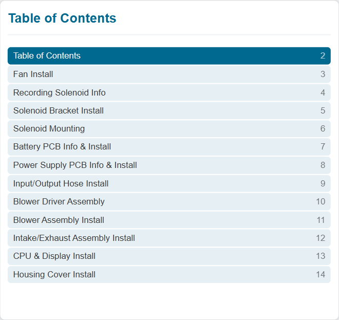 Interactive UI elements of a TOC gadget