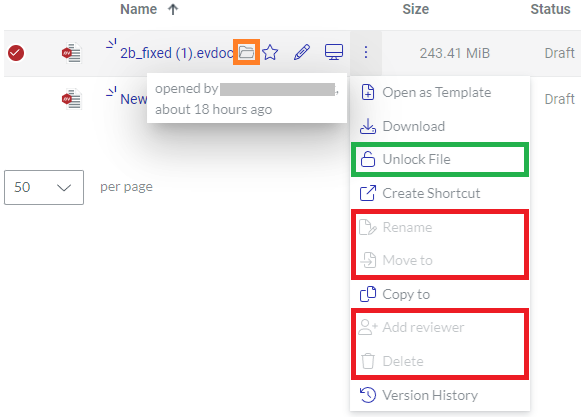 Action Menu for Locked Documents