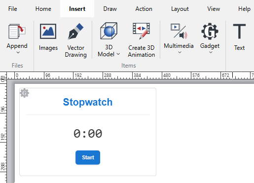 A stopwatch gadget newly inserted in the top-left corner of the page