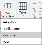 The newly created doc title text variable on the Text Variable split button menu