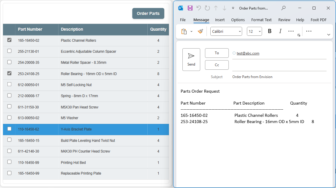 Ordering parts from the part list gadget